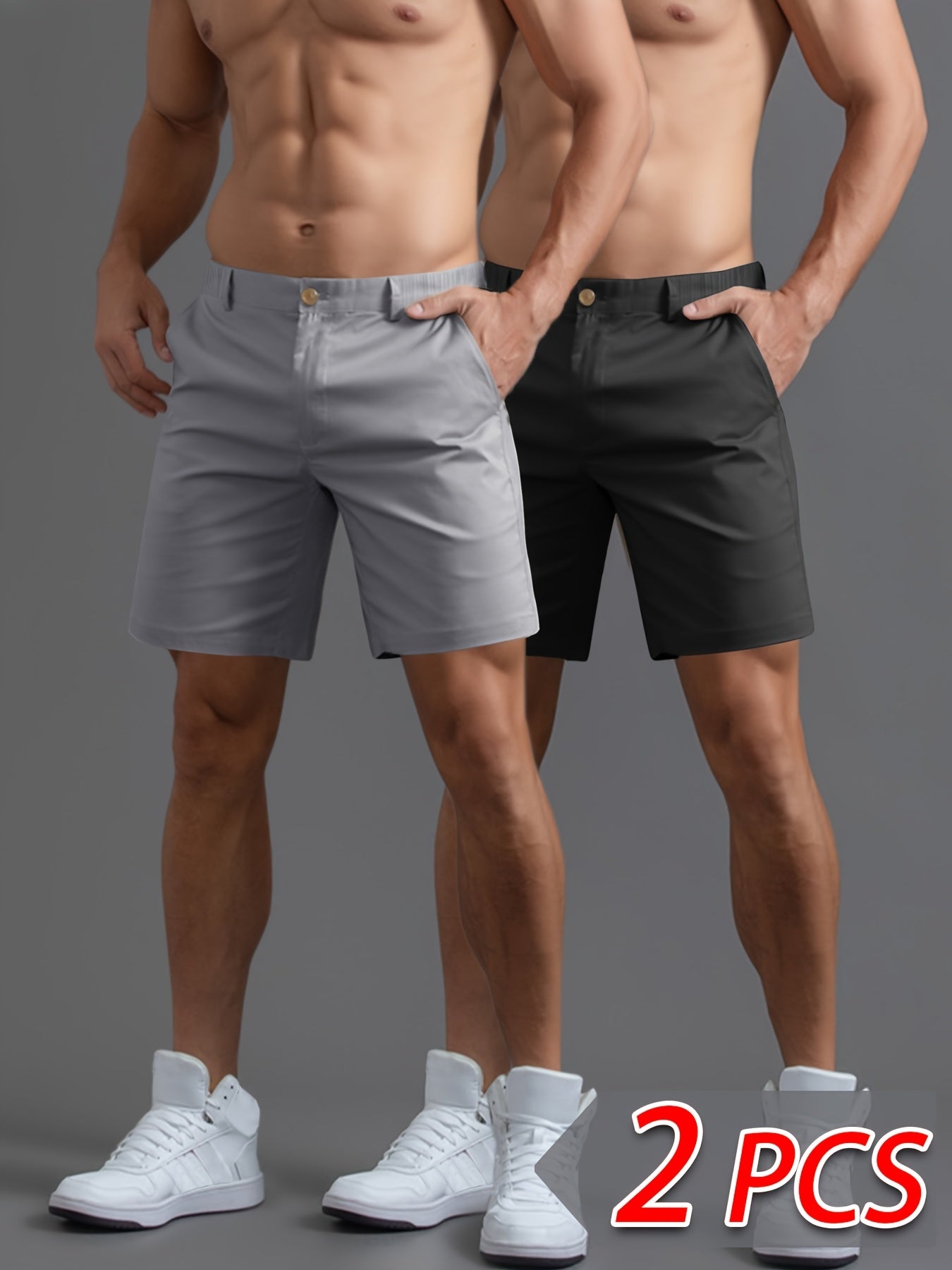 Set of 2 Men'S Stylish And Simple Shorts, Suitable for Business Casual Or Streetwear, Straight-Cut Five-Point Pants, Woven Solid Color Sports Shorts, Versatile for Beach Vacations, Outdoor Leisure Activities, Featuring Zipper