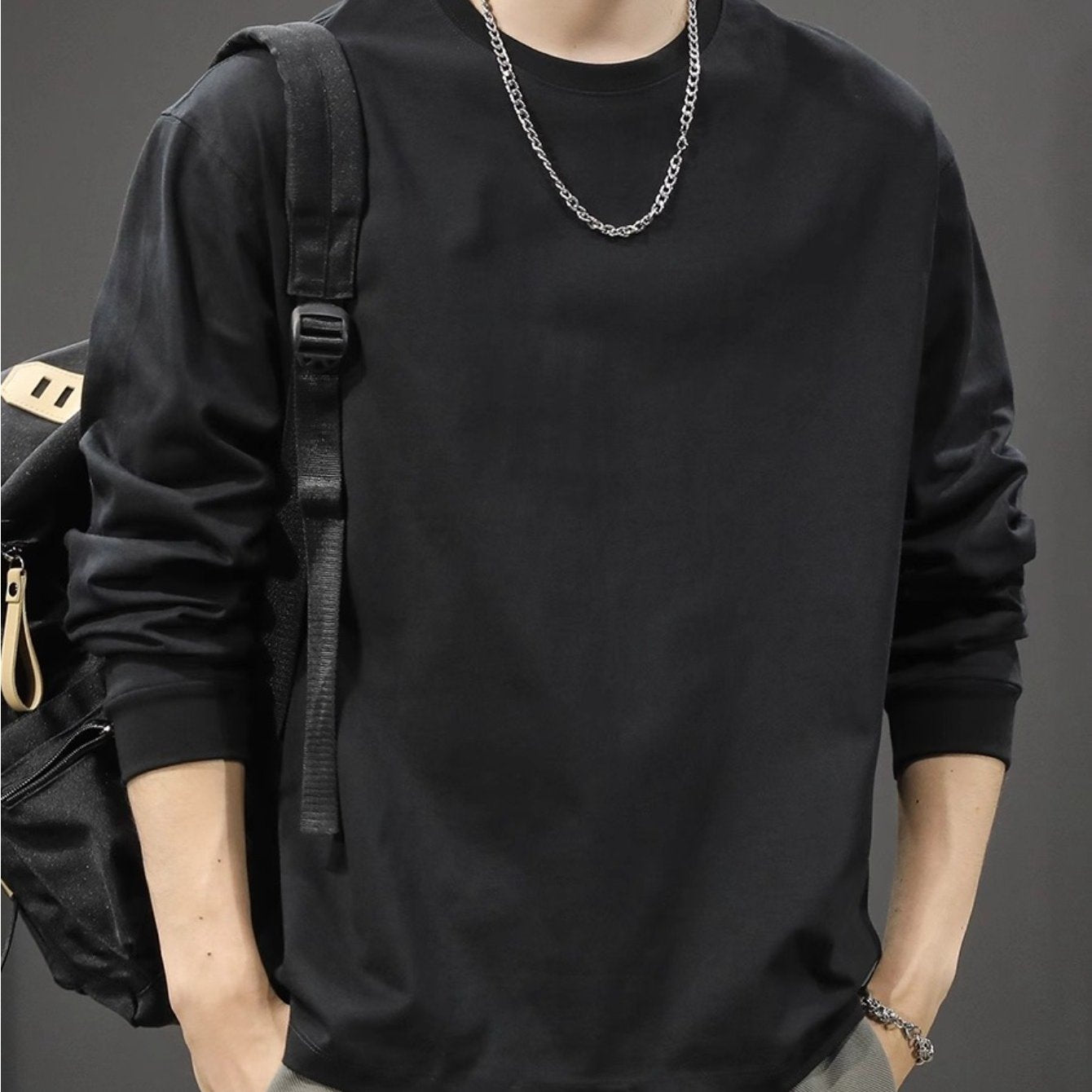 Men's Heavyweight Long Sleeve T-Shirt - Oversized Casual Crewneck Top, Everyday Basic Shirt for Layering & Streetwear Outfits, Autumn Clothing, Minimalist Design, Soft Texture, Unisex Apparel, Urban Style