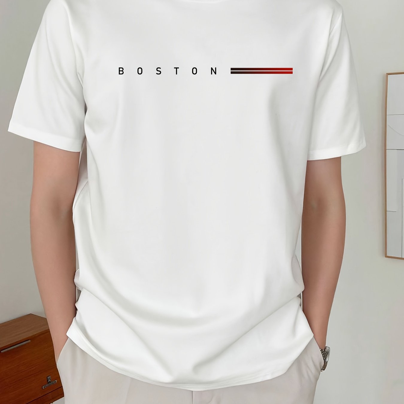 Men's 180gsm Heavyweight 100% Cotton T-Shirt with Boston Lettering Print - Casual Round Neck Short Sleeve, Regular Fit All-Season Comfort, White & Black Contrast Design for Everyday & Semi-Formal Wear - Boston-Themed Apparel