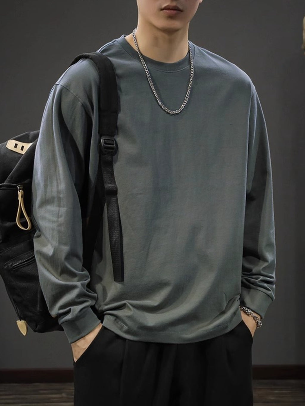 Men's Heavyweight Long Sleeve T-Shirt - Oversized Casual Crewneck Top, Everyday Basic Shirt for Layering & Streetwear Outfits, Autumn Clothing, Minimalist Design, Soft Texture, Unisex Apparel, Urban Style