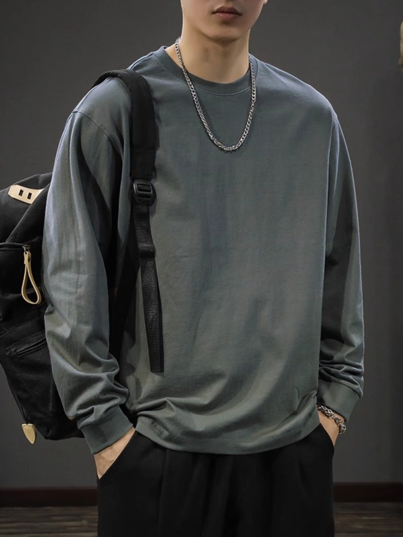 Men's Heavyweight Long Sleeve T-Shirt - Oversized Casual Crewneck Top, Everyday Basic Shirt for Layering & Streetwear Outfits, Autumn Clothing, Minimalist Design, Soft Texture, Unisex Apparel, Urban Style