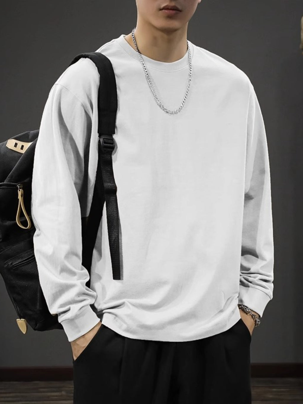 Men's Heavyweight Long Sleeve T-Shirt - Oversized Casual Crewneck Top, Everyday Basic Shirt for Layering & Streetwear Outfits, Autumn Clothing, Minimalist Design, Soft Texture, Unisex Apparel, Urban Style