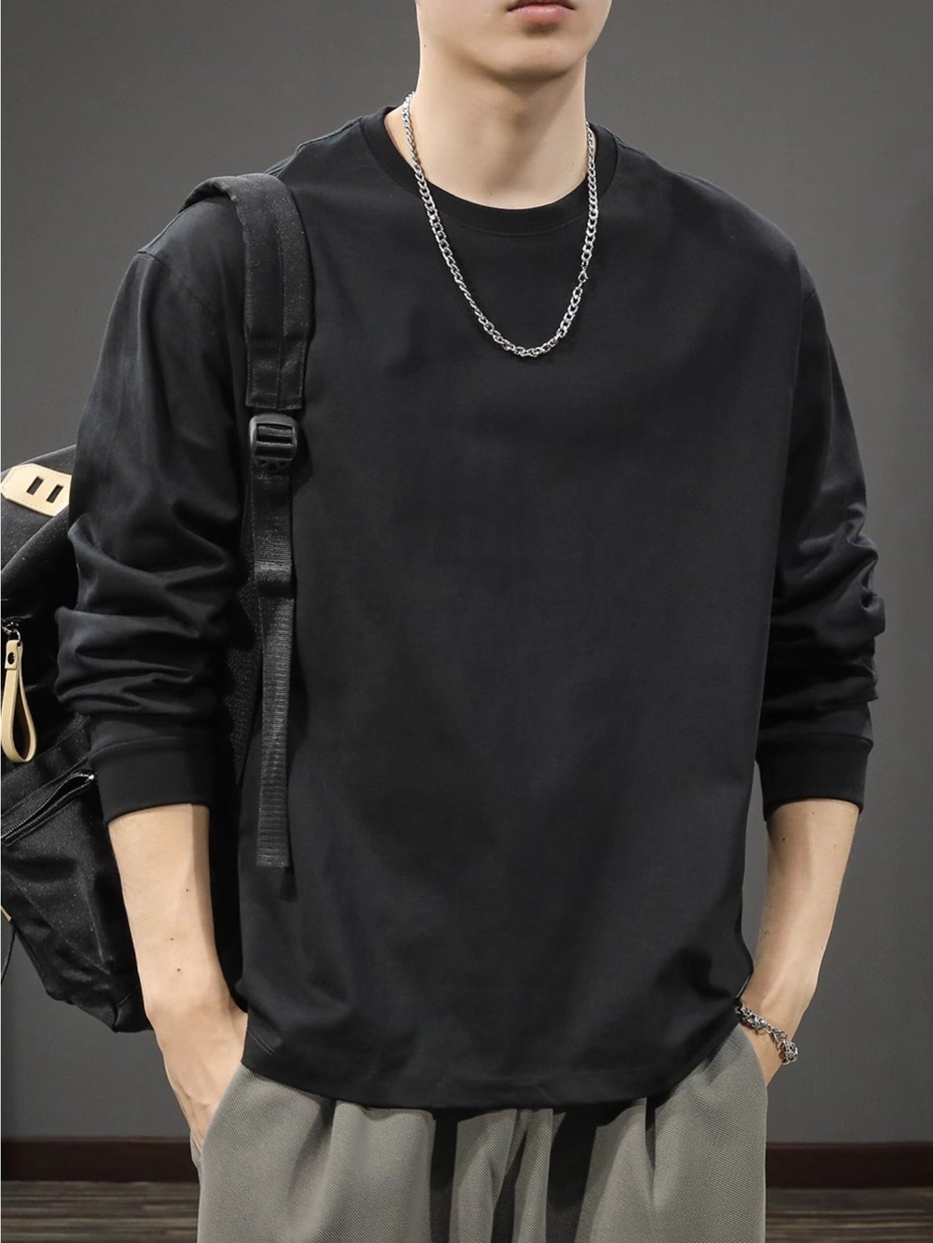 Men's Heavyweight Long Sleeve T-Shirt - Oversized Casual Crewneck Top, Everyday Basic Shirt for Layering & Streetwear Outfits, Autumn Clothing, Minimalist Design, Soft Texture, Unisex Apparel, Urban Style