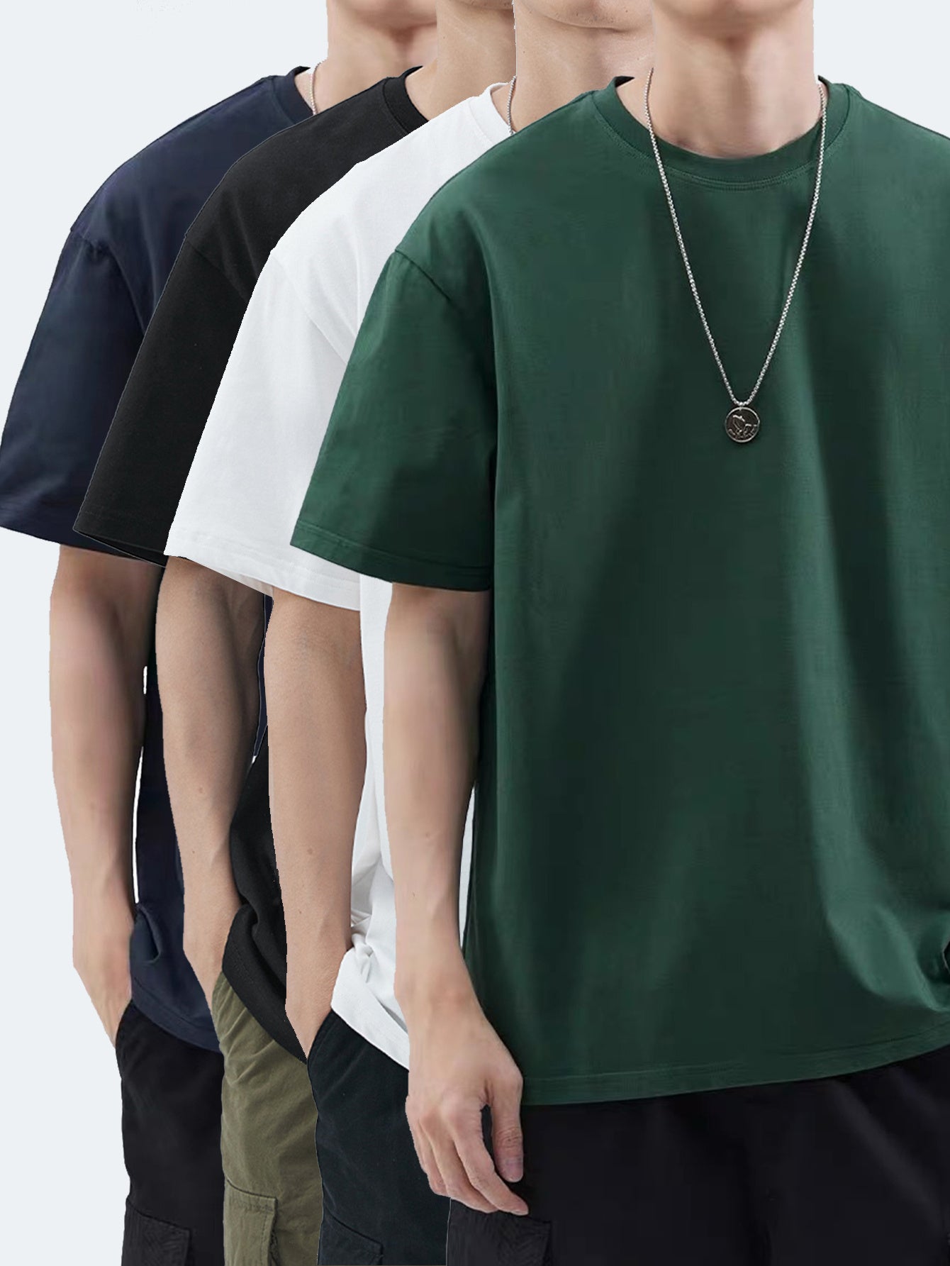 4pcs Men's Premium Cotton T-Shirts - Casual Summer Short Sleeve, 100% Pure Cotton, Machine Washable, Crew Neck in Assorted Colors (Navy, Beige, Gray, Black) with Geometric Pattern