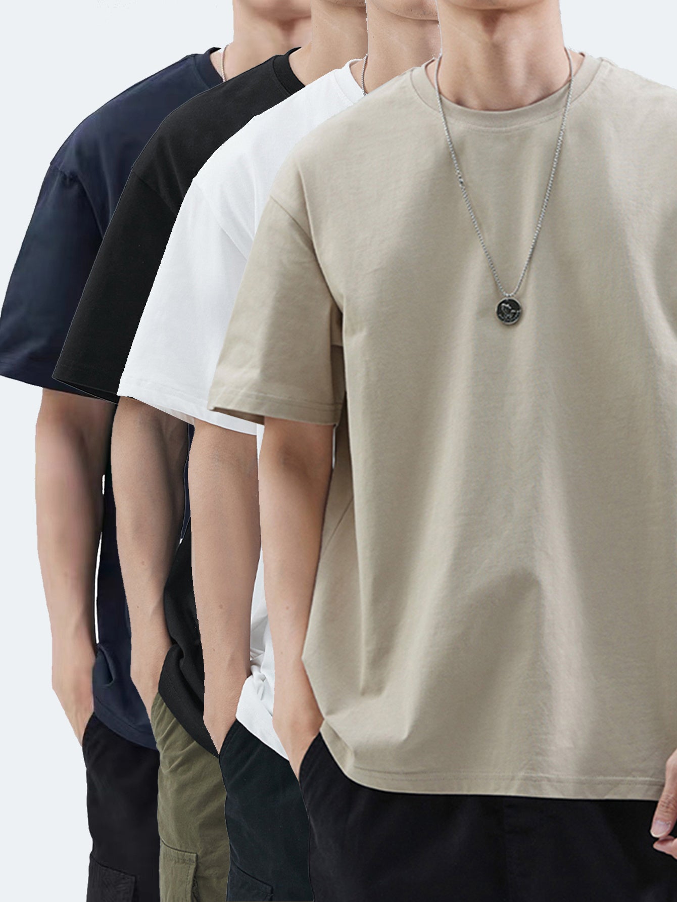 4pcs Men's Premium Cotton T-Shirts - Casual Summer Short Sleeve, 100% Pure Cotton, Machine Washable, Crew Neck in Assorted Colors (Navy, Beige, Gray, Black) with Geometric Pattern