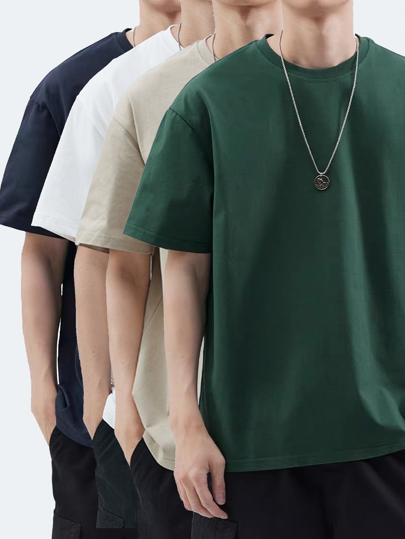 4pcs Men's Premium Cotton T-Shirts - Casual Summer Short Sleeve, 100% Pure Cotton, Machine Washable, Crew Neck in Assorted Colors (Navy, Beige, Gray, Black) with Geometric Pattern