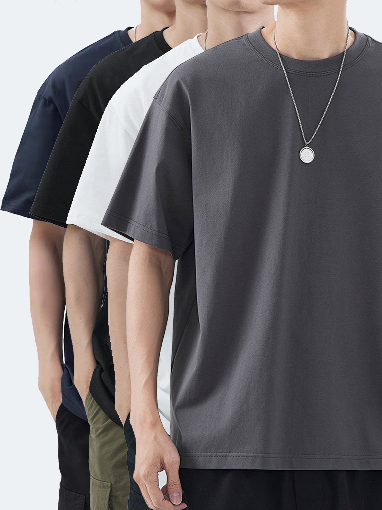 4pcs Men's Premium Cotton T-Shirts - Casual Summer Short Sleeve, 100% Pure Cotton, Machine Washable, Crew Neck in Assorted Colors (Navy, Beige, Gray, Black) with Geometric Pattern