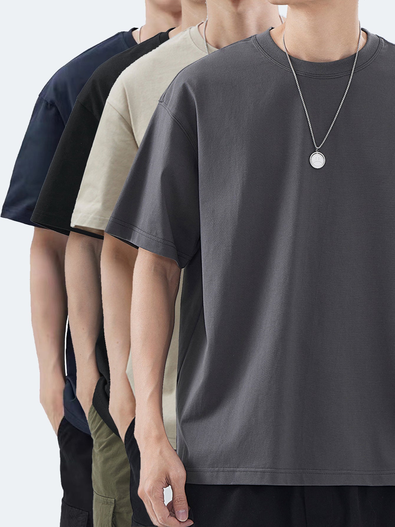 4pcs Men's Premium Cotton T-Shirts - Casual Summer Short Sleeve, 100% Pure Cotton, Machine Washable, Crew Neck in Assorted Colors (Navy, Beige, Gray, Black) with Geometric Pattern