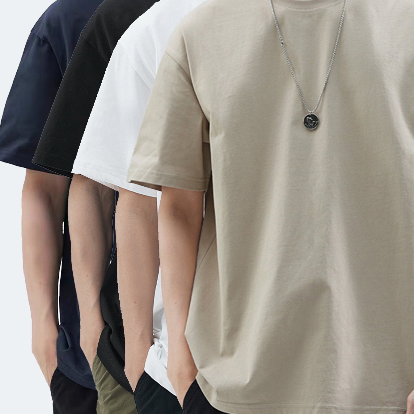 4pcs Men's Premium Cotton T-Shirts - Casual Summer Short Sleeve, 100% Pure Cotton, Machine Washable, Crew Neck in Assorted Colors (Navy, Beige, Gray, Black) with Geometric Pattern