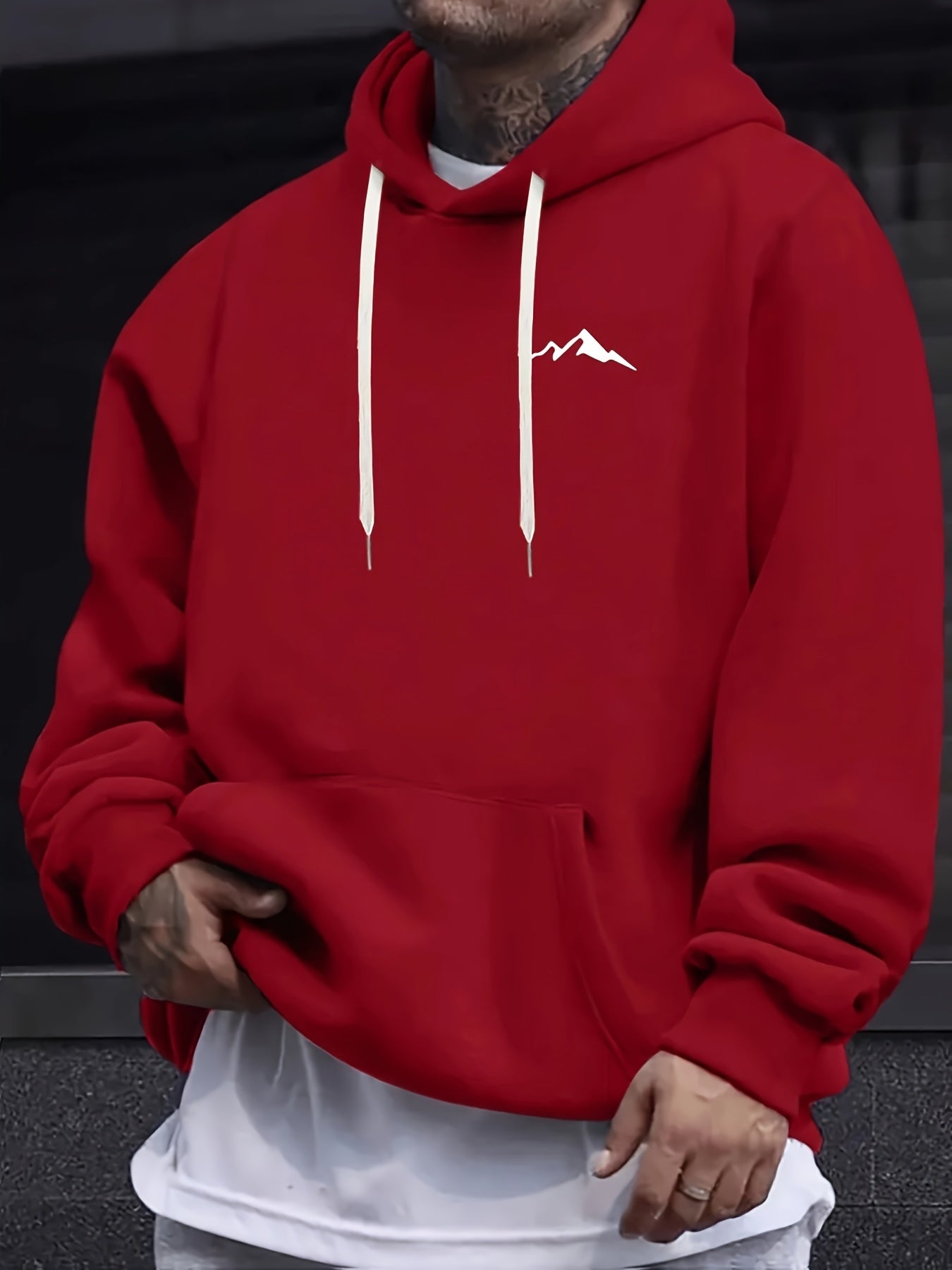 Men'S Casual Polyester Hoodie with Mountain Icon Print, Long Sleeve Hooded Sweatshirt, Trendy All-Season Knit Fabric Top with Drawstring, Regular Fit - 100% Polyester, 190g/m²
