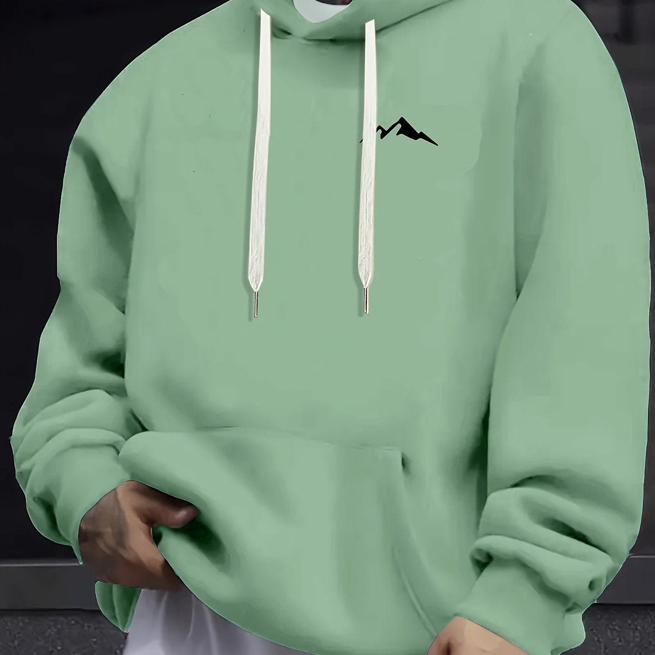 Men'S Casual Polyester Hoodie with Mountain Icon Print, Long Sleeve Hooded Sweatshirt, Trendy All-Season Knit Fabric Top with Drawstring, Regular Fit - 100% Polyester, 190g/m²