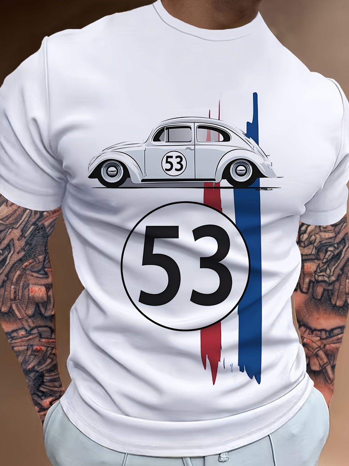 1pc Vintage Racing Car Graphic Tee, Men'S Casual Crew Neck T-Shirt, 100% Polyester Knit Fabric with Slight Stretch, Regular Fit Short Sleeve Top for Summer Streetwear