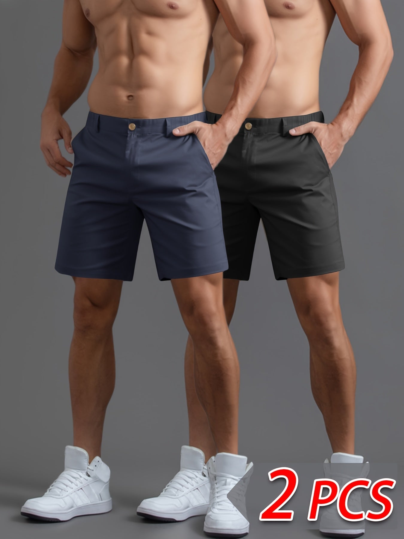 Set of 2 Men'S Stylish And Simple Shorts, Suitable for Business Casual Or Streetwear, Straight-Cut Five-Point Pants, Woven Solid Color Sports Shorts, Versatile for Beach Vacations, Outdoor Leisure Activities, Featuring Zipper