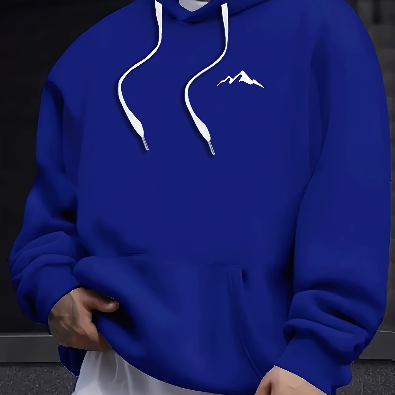 Men'S Casual Polyester Hoodie with Mountain Icon Print, Long Sleeve Hooded Sweatshirt, Trendy All-Season Knit Fabric Top with Drawstring, Regular Fit - 100% Polyester, 190g/m²
