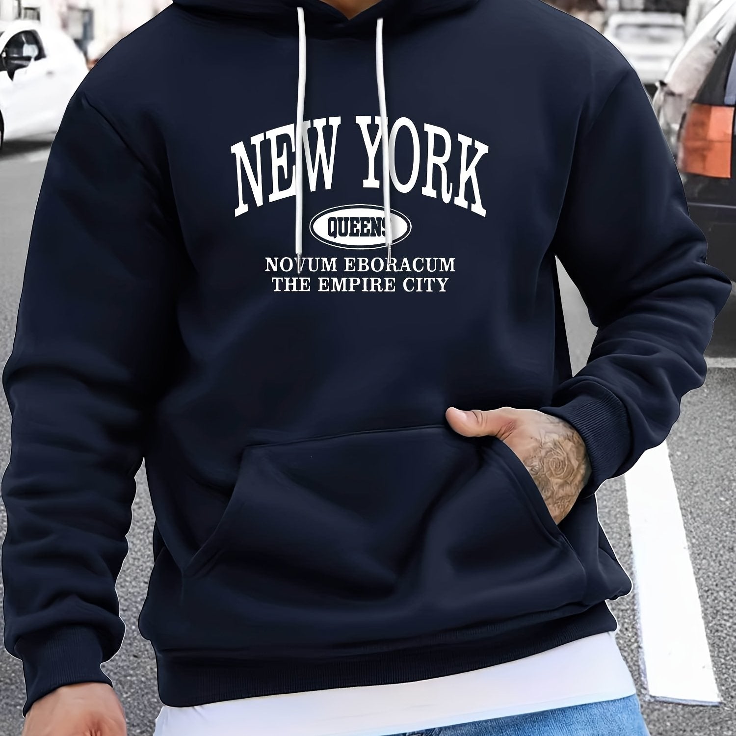 Men's NEW YORK Letter Print Hoodie, Casual Pullover Sports Sweatshirt, Fashionable Hooded Top