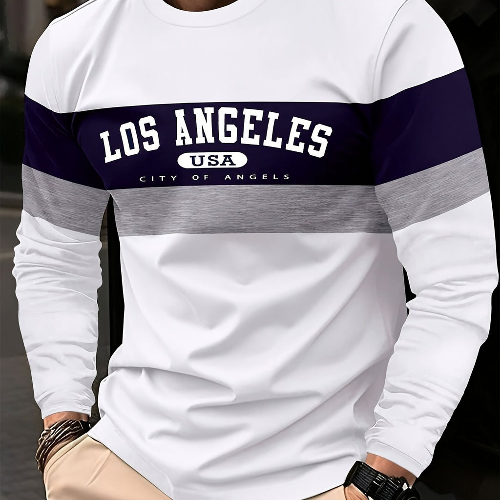 Men's LOS ANGELES Print Tee, Long Sleeve, Relaxed Fit, Perfect For Spring And Fall