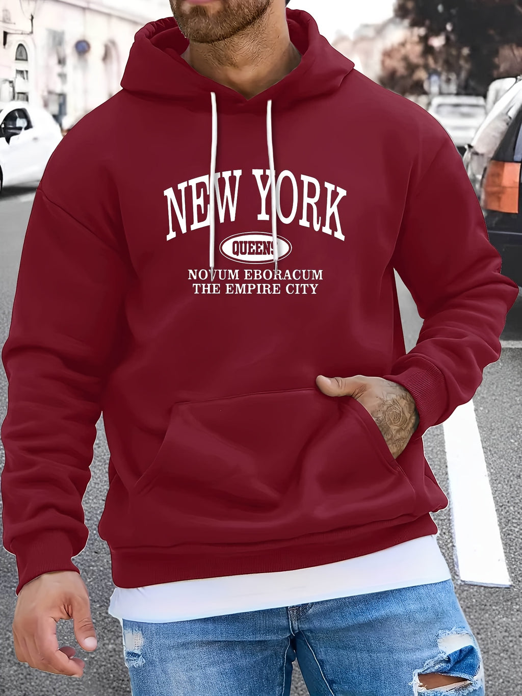 Men's NEW YORK Letter Print Hoodie, Casual Pullover Sports Sweatshirt, Fashionable Hooded Top