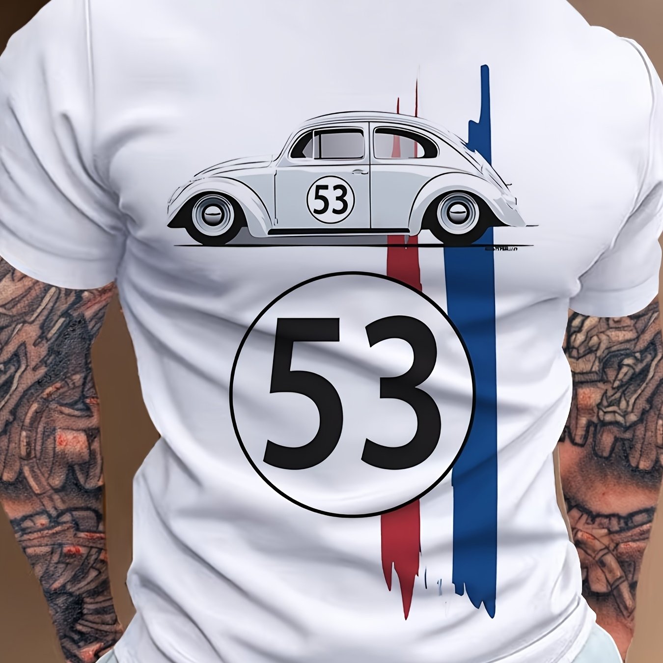 1pc Vintage Racing Car Graphic Tee, Men'S Casual Crew Neck T-Shirt, 100% Polyester Knit Fabric with Slight Stretch, Regular Fit Short Sleeve Top for Summer Streetwear