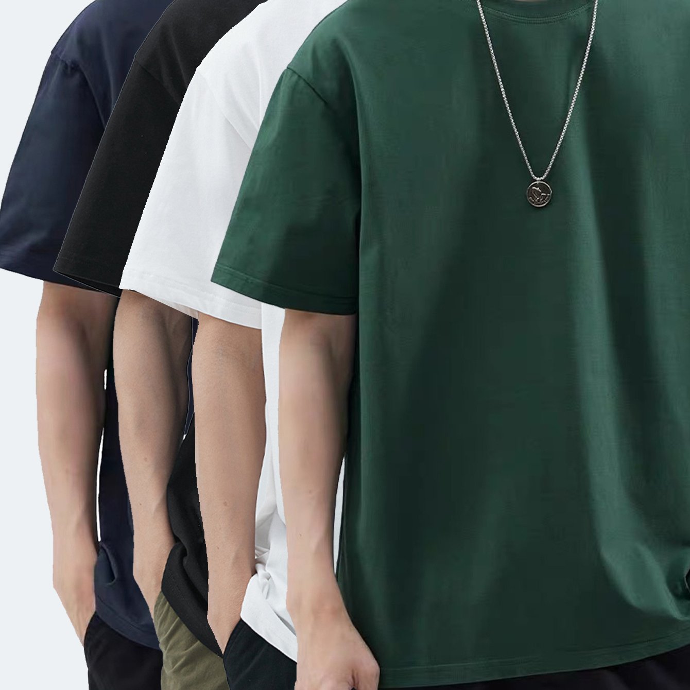 4pcs Men's Premium Cotton T-Shirts - Casual Summer Short Sleeve, 100% Pure Cotton, Machine Washable, Crew Neck in Assorted Colors (Navy, Beige, Gray, Black) with Geometric Pattern