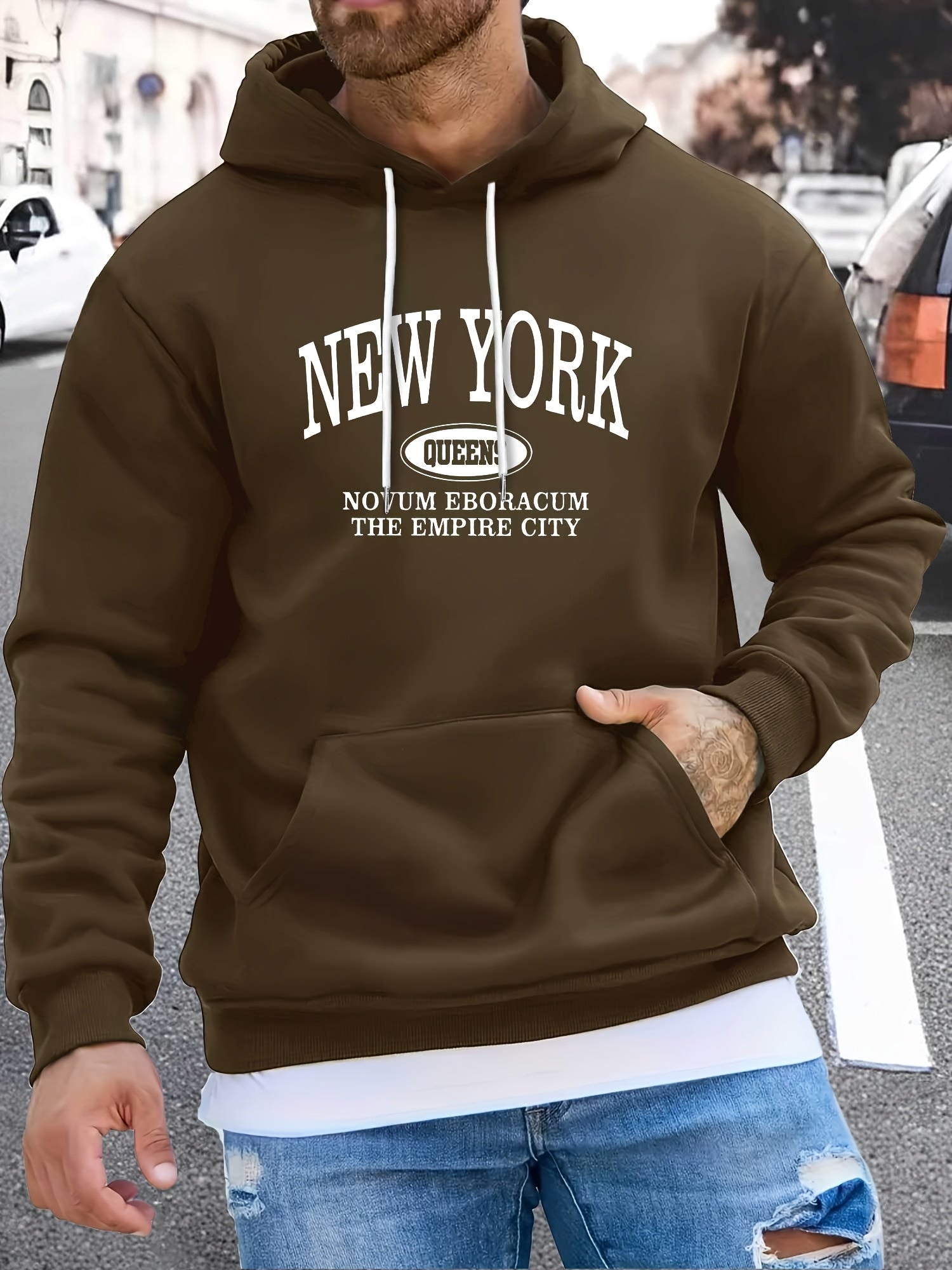 Men's NEW YORK Letter Print Hoodie, Casual Pullover Sports Sweatshirt, Fashionable Hooded Top