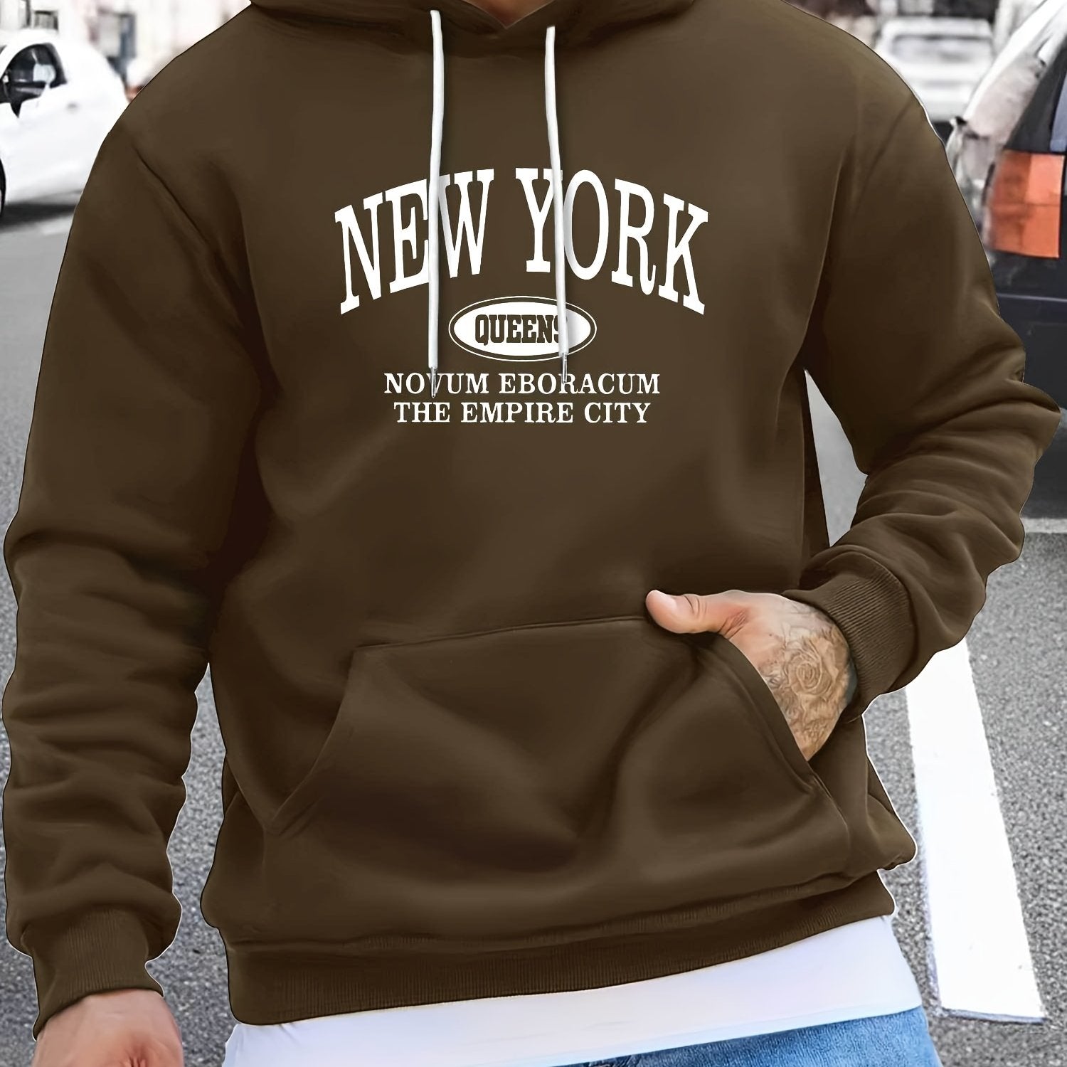 Men's NEW YORK Letter Print Hoodie, Casual Pullover Sports Sweatshirt, Fashionable Hooded Top