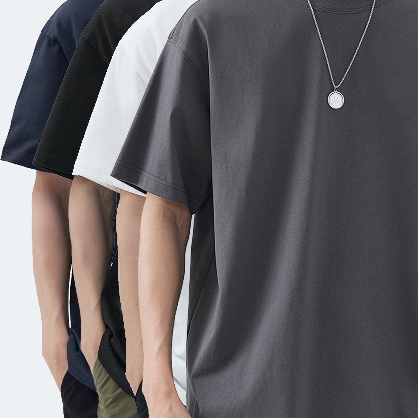 4pcs Men's Premium Cotton T-Shirts - Casual Summer Short Sleeve, 100% Pure Cotton, Machine Washable, Crew Neck in Assorted Colors (Navy, Beige, Gray, Black) with Geometric Pattern