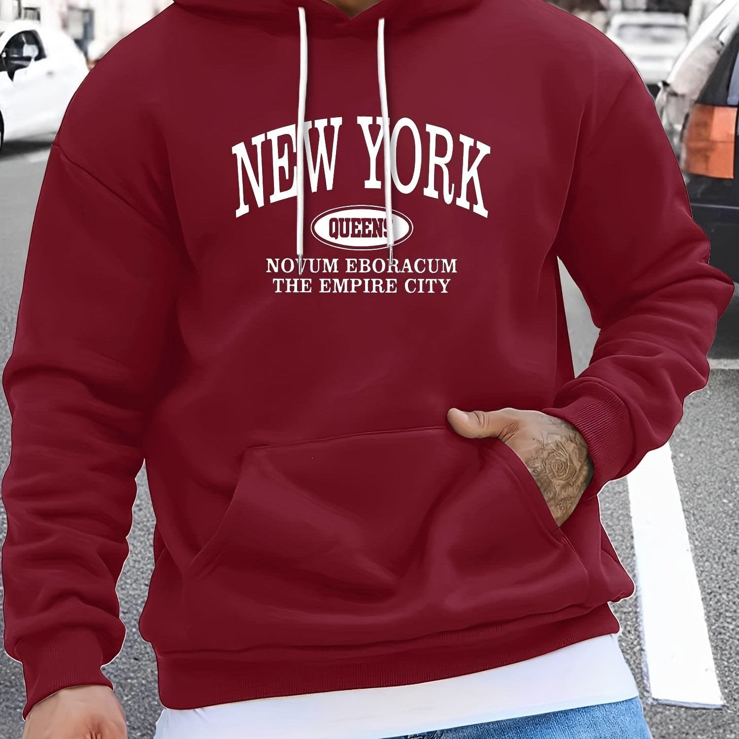 Men's NEW YORK Letter Print Hoodie, Casual Pullover Sports Sweatshirt, Fashionable Hooded Top