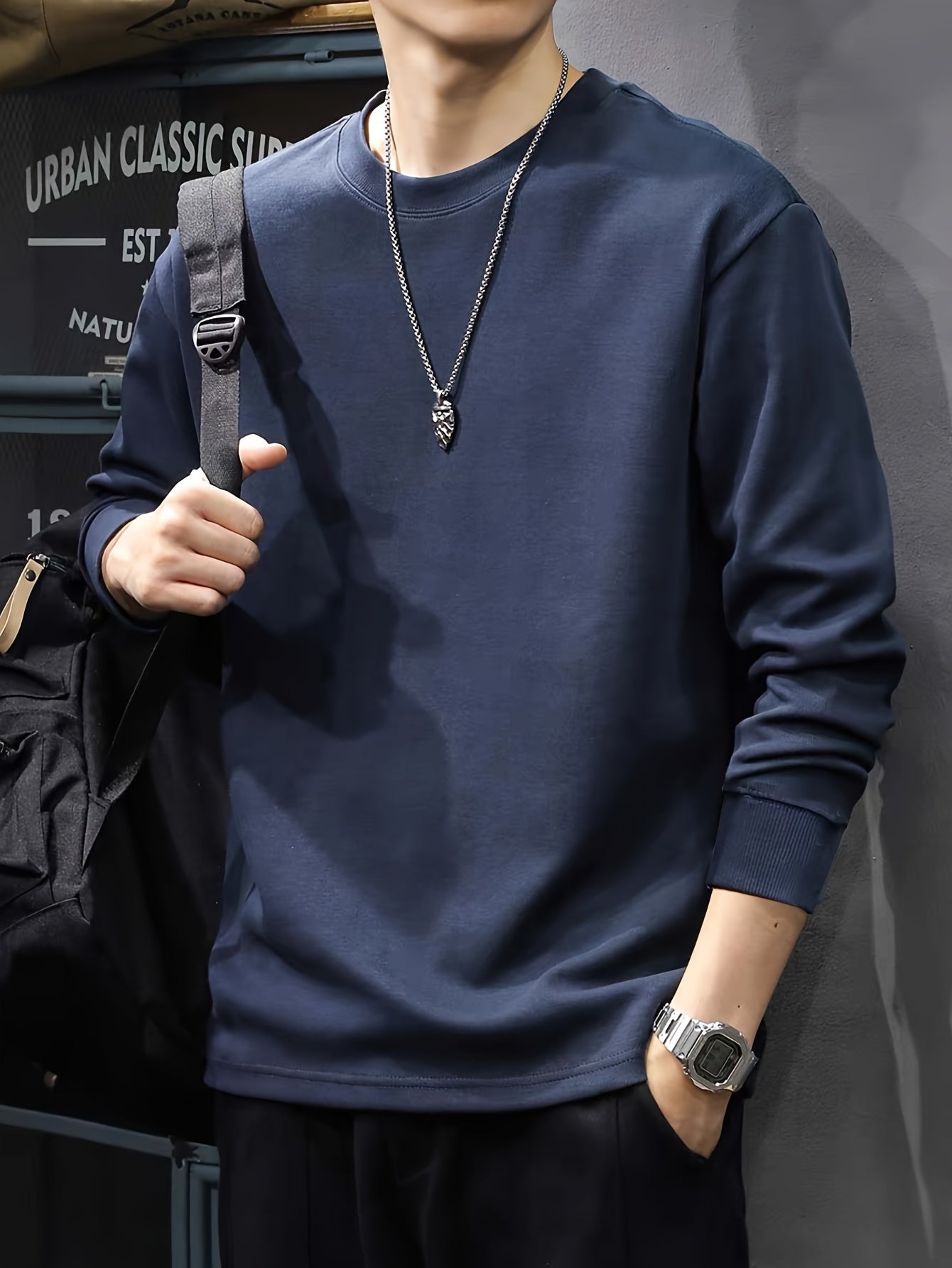 Men's Heavyweight Long Sleeve T-Shirt - Oversized Casual Crewneck Top, Everyday Basic Shirt for Layering & Streetwear Outfits, Autumn Clothing, Minimalist Design, Soft Texture, Unisex Apparel, Urban Style