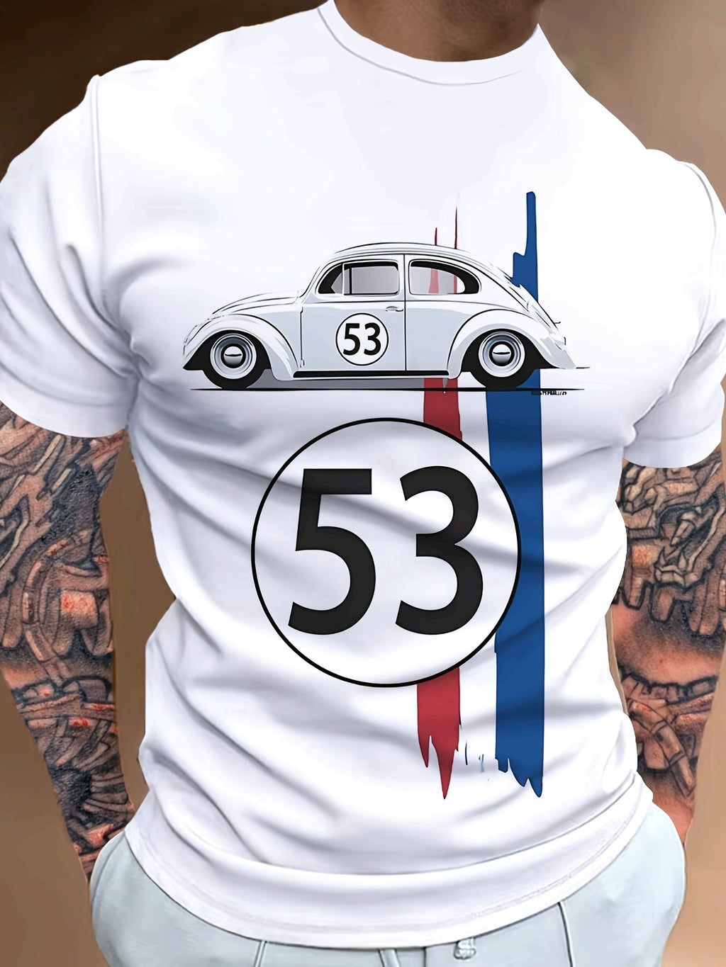 1pc Vintage Racing Car Graphic Tee, Men'S Casual Crew Neck T-Shirt, 100% Polyester Knit Fabric with Slight Stretch, Regular Fit Short Sleeve Top for Summer Streetwear