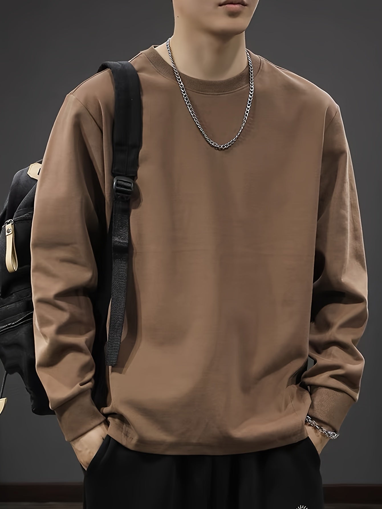 Men's Heavyweight Long Sleeve T-Shirt - Oversized Casual Crewneck Top, Everyday Basic Shirt for Layering & Streetwear Outfits, Autumn Clothing, Minimalist Design, Soft Texture, Unisex Apparel, Urban Style