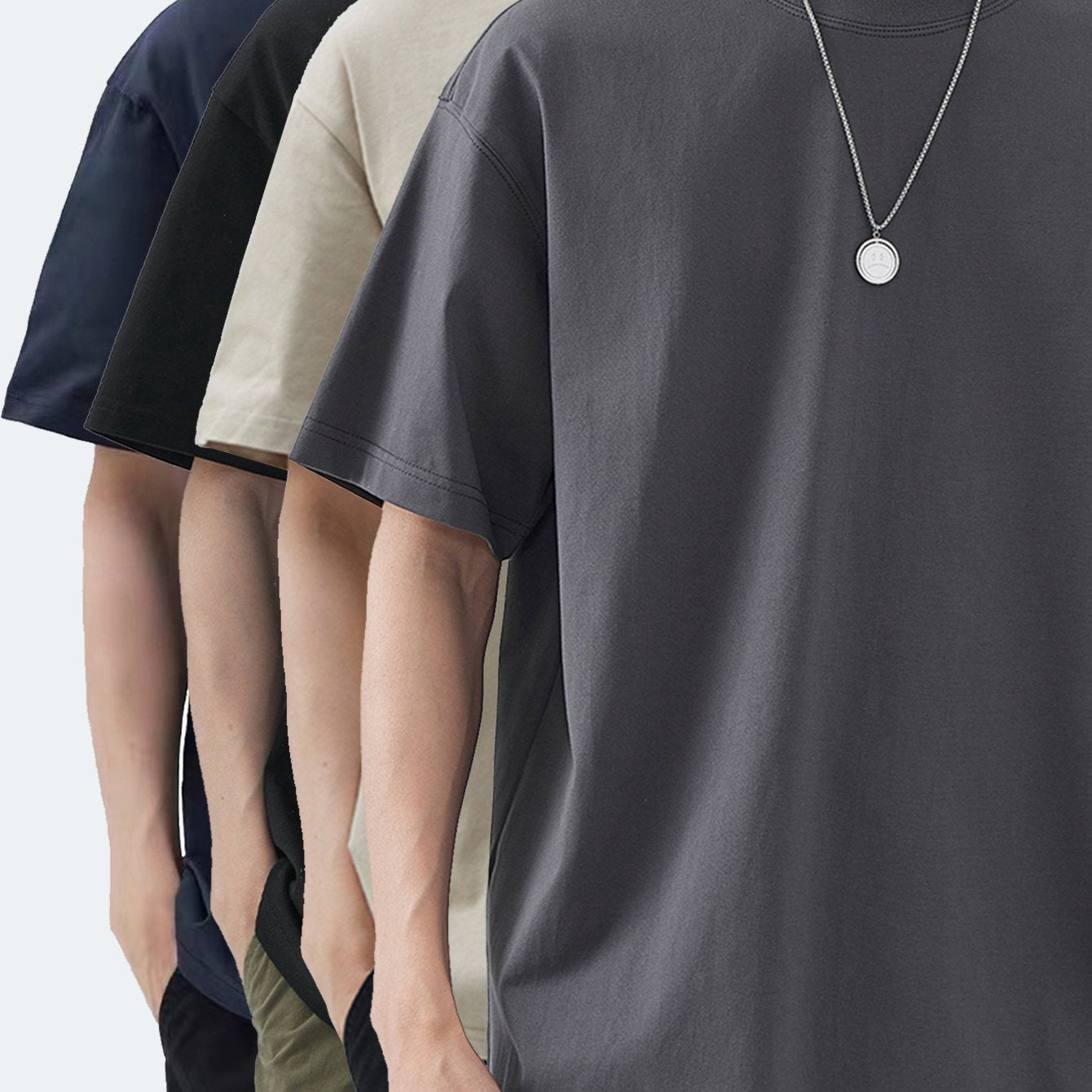 4pcs Men's Premium Cotton T-Shirts - Casual Summer Short Sleeve, 100% Pure Cotton, Machine Washable, Crew Neck in Assorted Colors (Navy, Beige, Gray, Black) with Geometric Pattern