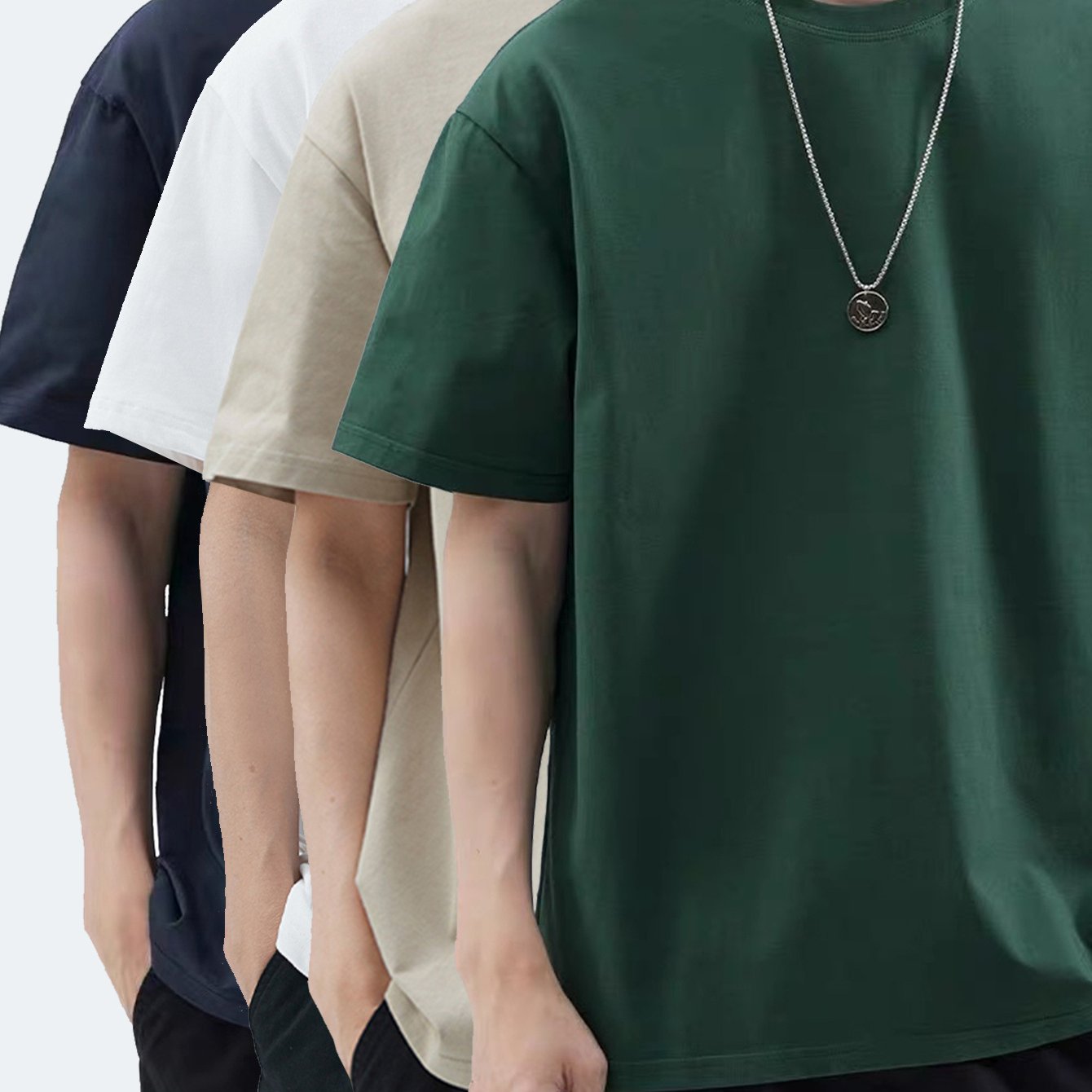 4pcs Men's Premium Cotton T-Shirts - Casual Summer Short Sleeve, 100% Pure Cotton, Machine Washable, Crew Neck in Assorted Colors (Navy, Beige, Gray, Black) with Geometric Pattern