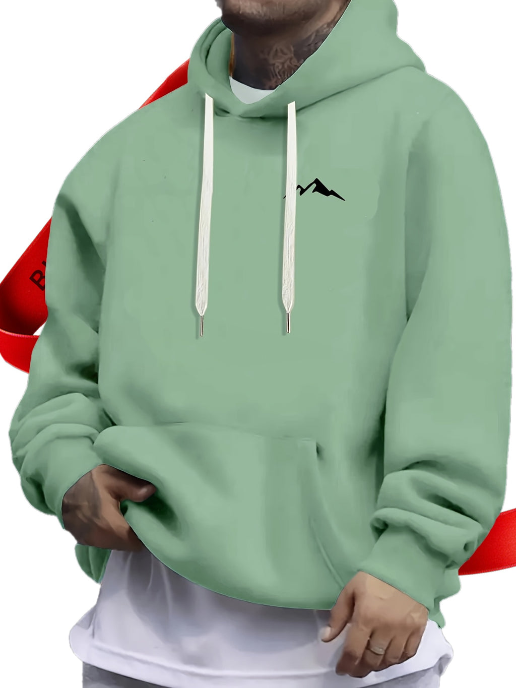 Men'S Casual Polyester Hoodie with Mountain Icon Print, Long Sleeve Hooded Sweatshirt, Trendy All-Season Knit Fabric Top with Drawstring, Regular Fit - 100% Polyester, 190g/m²