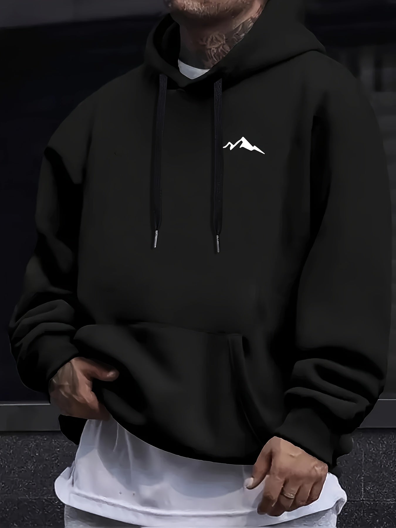 Men'S Casual Polyester Hoodie with Mountain Icon Print, Long Sleeve Hooded Sweatshirt, Trendy All-Season Knit Fabric Top with Drawstring, Regular Fit - 100% Polyester, 190g/m²