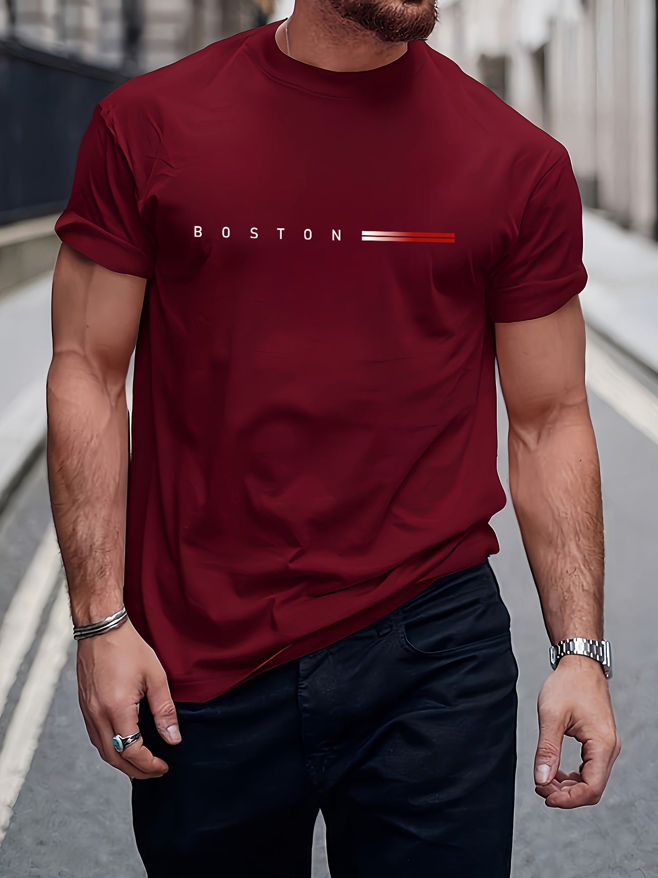 Men's 180gsm Heavyweight 100% Cotton T-Shirt with Boston Lettering Print - Casual Round Neck Short Sleeve, Regular Fit All-Season Comfort, White & Black Contrast Design for Everyday & Semi-Formal Wear - Boston-Themed Apparel