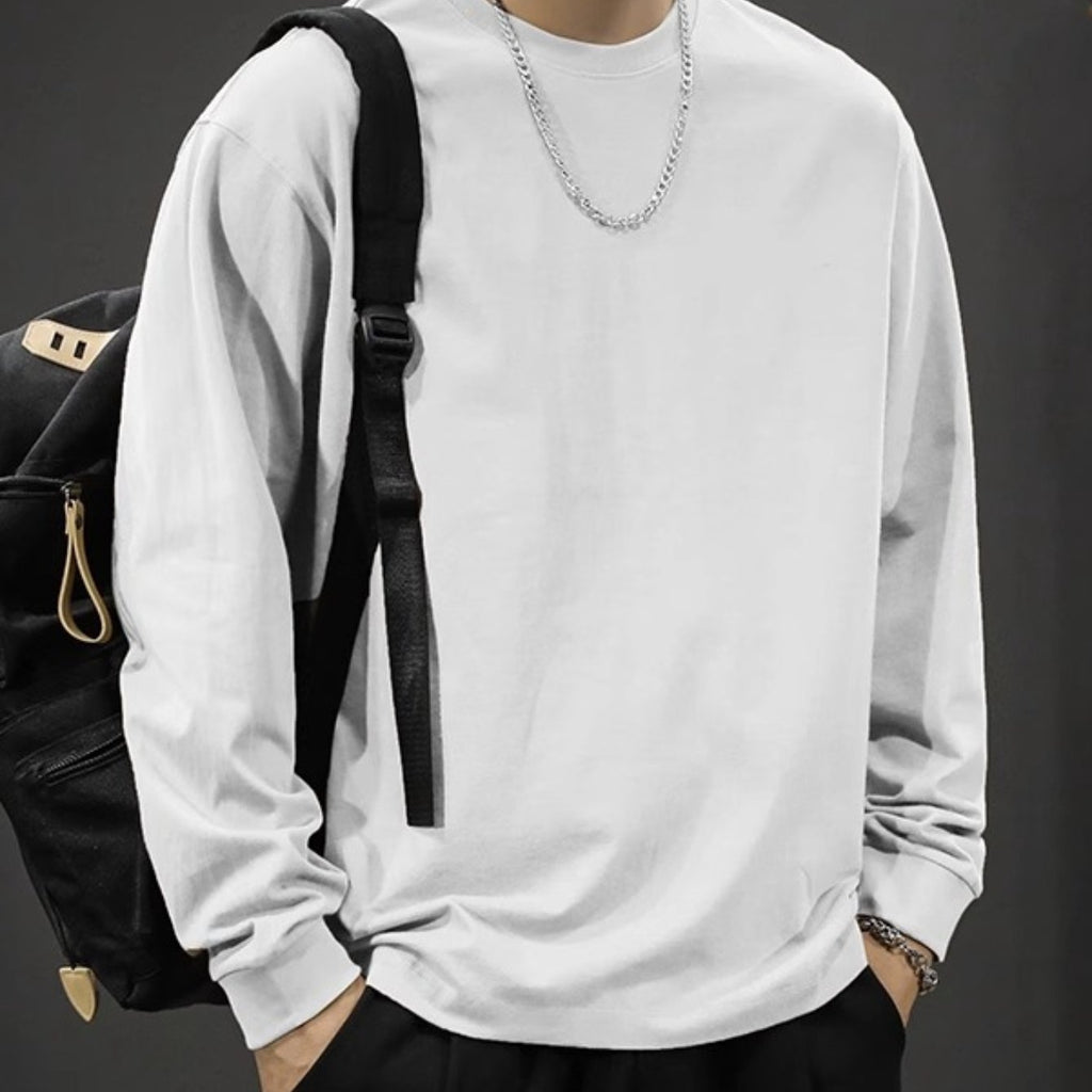 Men's Heavyweight Long Sleeve T-Shirt - Oversized Casual Crewneck Top, Everyday Basic Shirt for Layering & Streetwear Outfits, Autumn Clothing, Minimalist Design, Soft Texture, Unisex Apparel, Urban Style