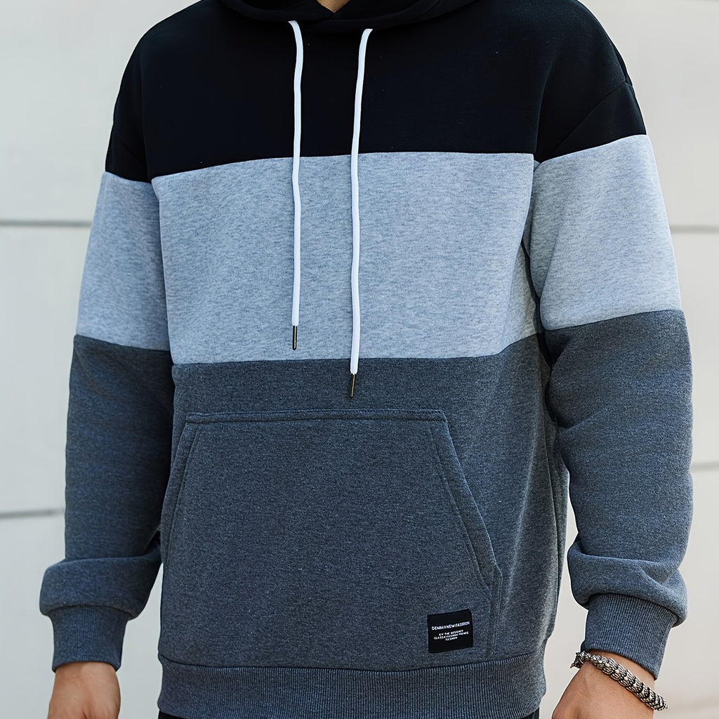 Men's Casual Color Block Hoodie - Soft Polyester, Long Sleeve with Kangaroo Pocket, Drawstring Hood, Ideal for Fall/Winter Streetwear, Casual Streetwear|Hooded Sweatshirt|Polyester Hoodie, Sweater Hoodie