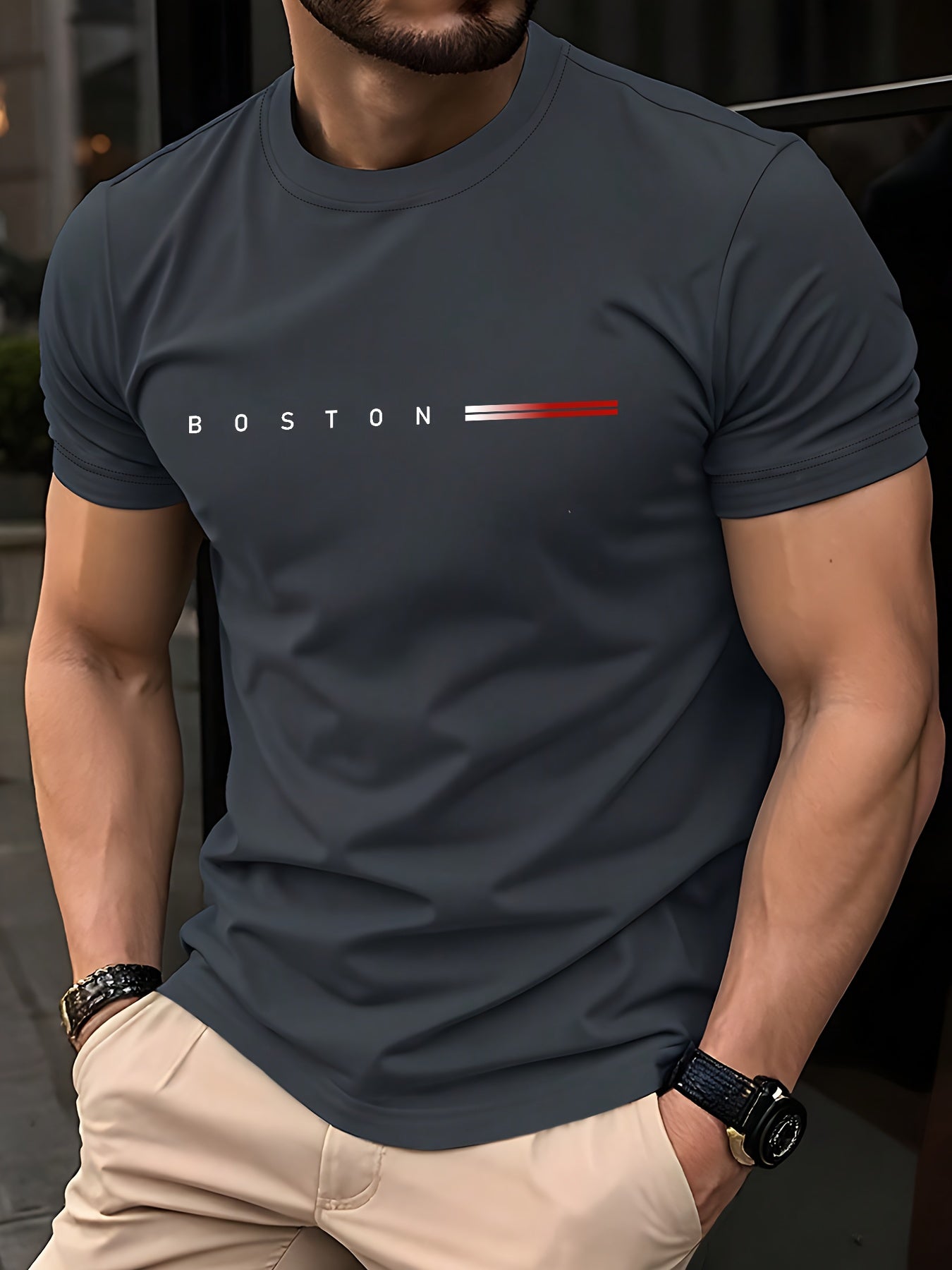 Men's 180gsm Heavyweight 100% Cotton T-Shirt with Boston Lettering Print - Casual Round Neck Short Sleeve, Regular Fit All-Season Comfort, White & Black Contrast Design for Everyday & Semi-Formal Wear - Boston-Themed Apparel