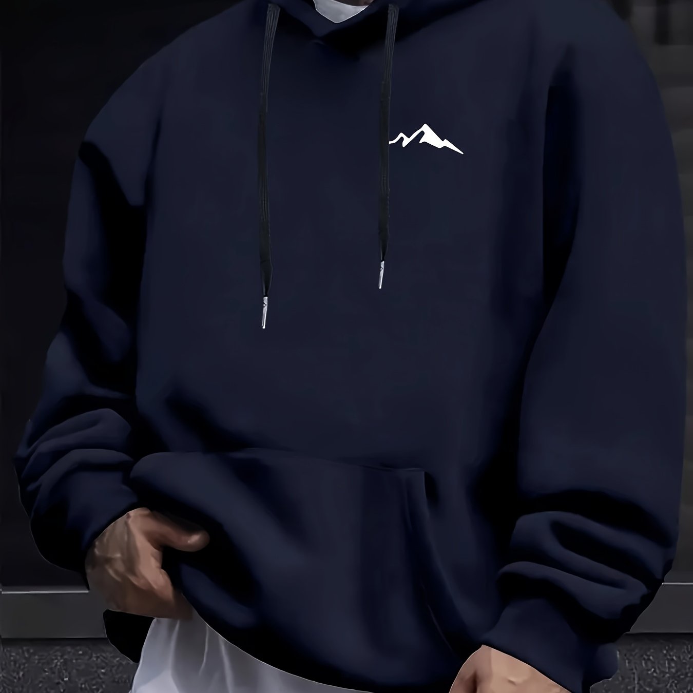 Men'S Casual Polyester Hoodie with Mountain Icon Print, Long Sleeve Hooded Sweatshirt, Trendy All-Season Knit Fabric Top with Drawstring, Regular Fit - 100% Polyester, 190g/m²