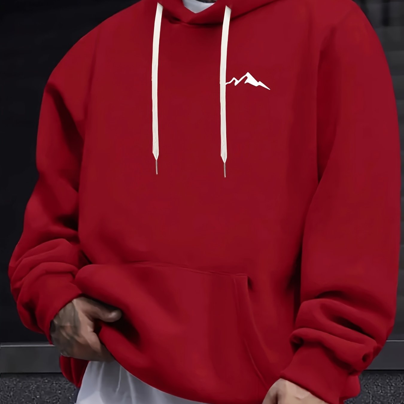 Men'S Casual Polyester Hoodie with Mountain Icon Print, Long Sleeve Hooded Sweatshirt, Trendy All-Season Knit Fabric Top with Drawstring, Regular Fit - 100% Polyester, 190g/m²