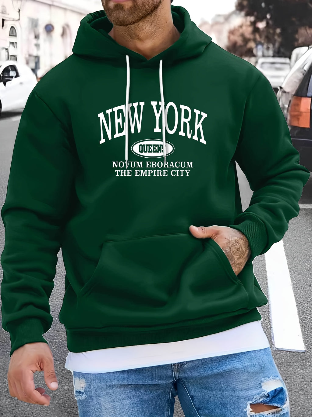Men's NEW YORK Letter Print Hoodie, Casual Pullover Sports Sweatshirt, Fashionable Hooded Top