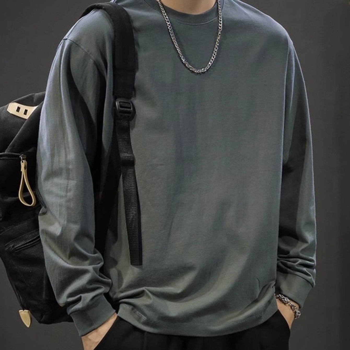 Men's Heavyweight Long Sleeve T-Shirt - Oversized Casual Crewneck Top, Everyday Basic Shirt for Layering & Streetwear Outfits, Autumn Clothing, Minimalist Design, Soft Texture, Unisex Apparel, Urban Style