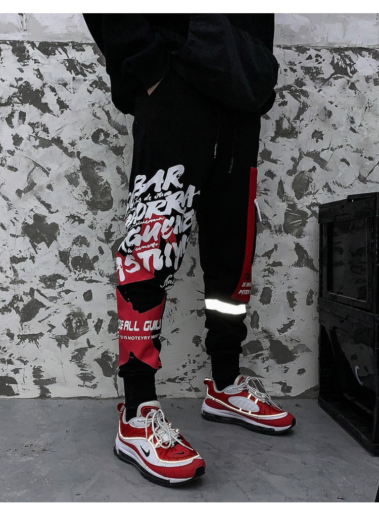 Sweatpants Cool Letter Print Pants Men Harajuku Patchwork Ribbon Harem Pants Streetwear