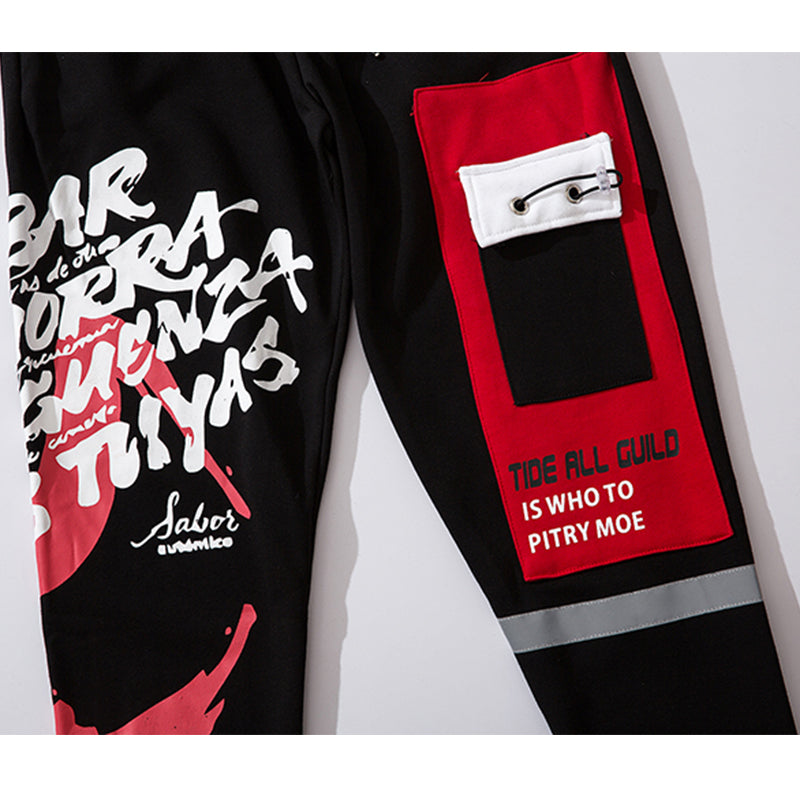 Sweatpants Cool Letter Print Pants Men Harajuku Patchwork Ribbon Harem Pants Streetwear