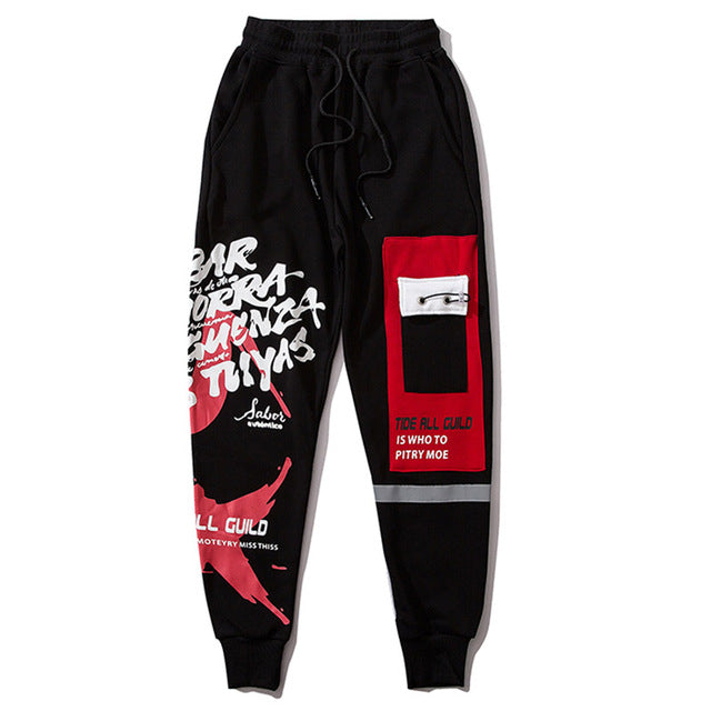 Sweatpants Cool Letter Print Pants Men Harajuku Patchwork Ribbon Harem Pants Streetwear