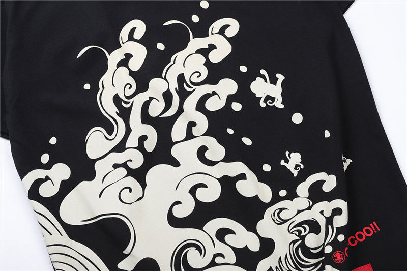 Japanese Style Wave Streetwear TShirts Mens Embroidery Short Sleeve T-shirts Harajuku Hip Hop Cotton Loose Tees Shirts